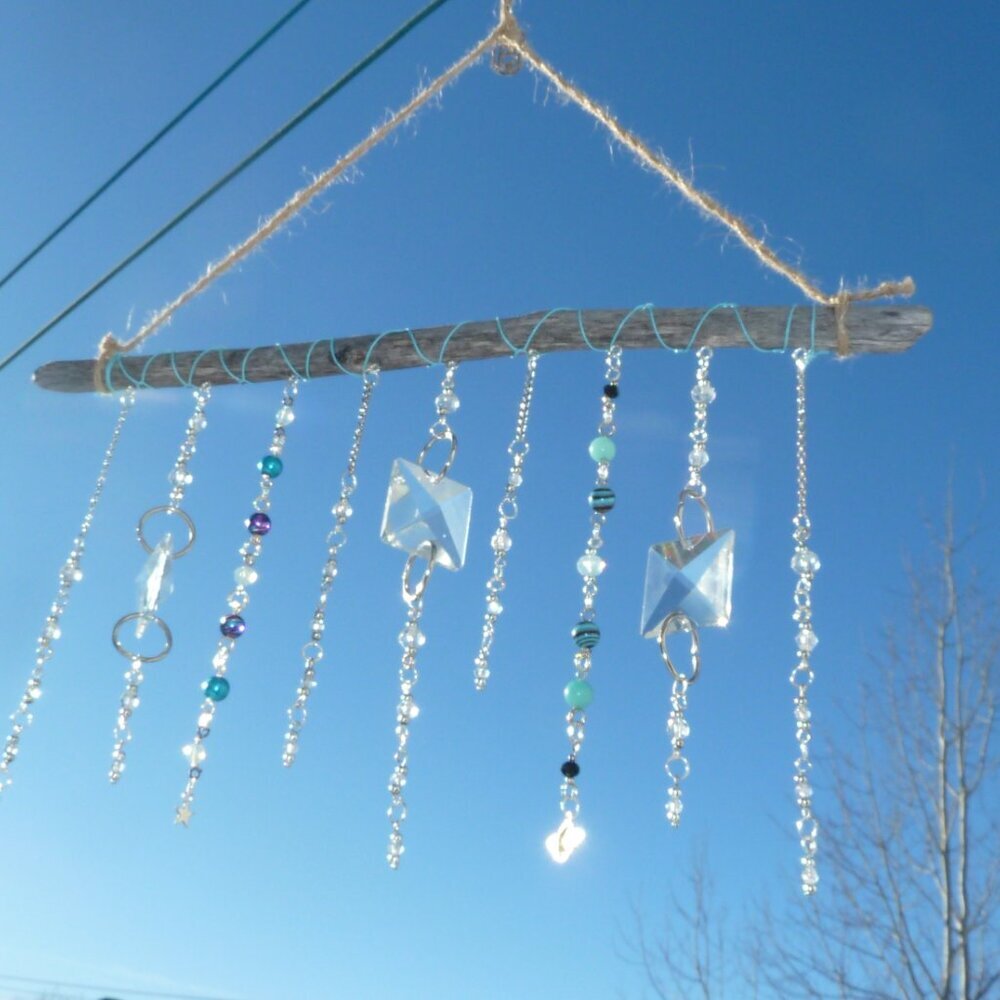 Suncatcher R Treated driftwood, cut glass pieces and Swarovski crystals